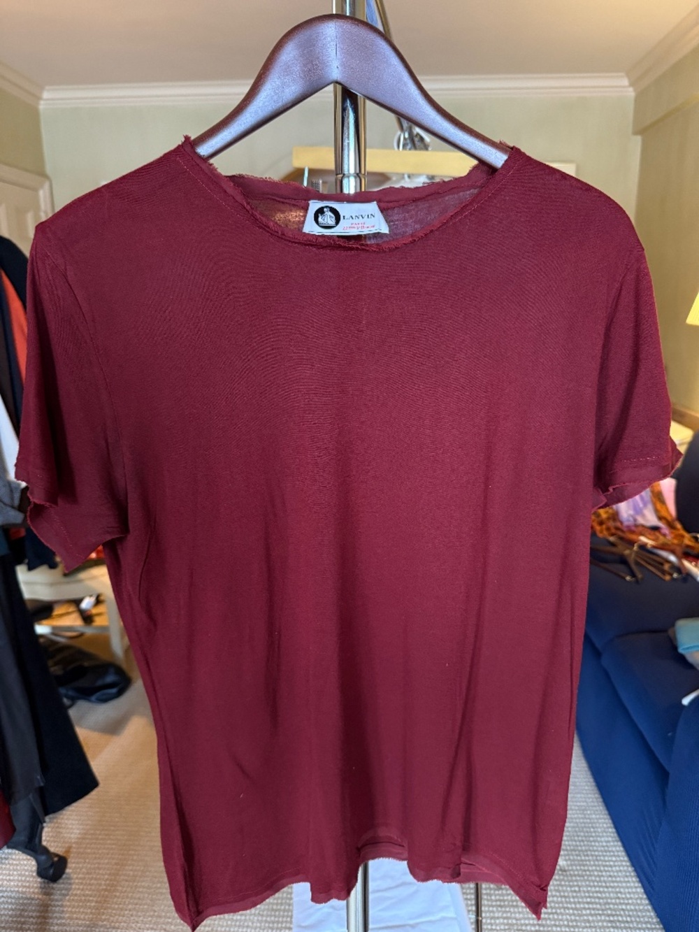 Vintage Lanvin Paris raw edge designer tee in a rich burgundy/wine